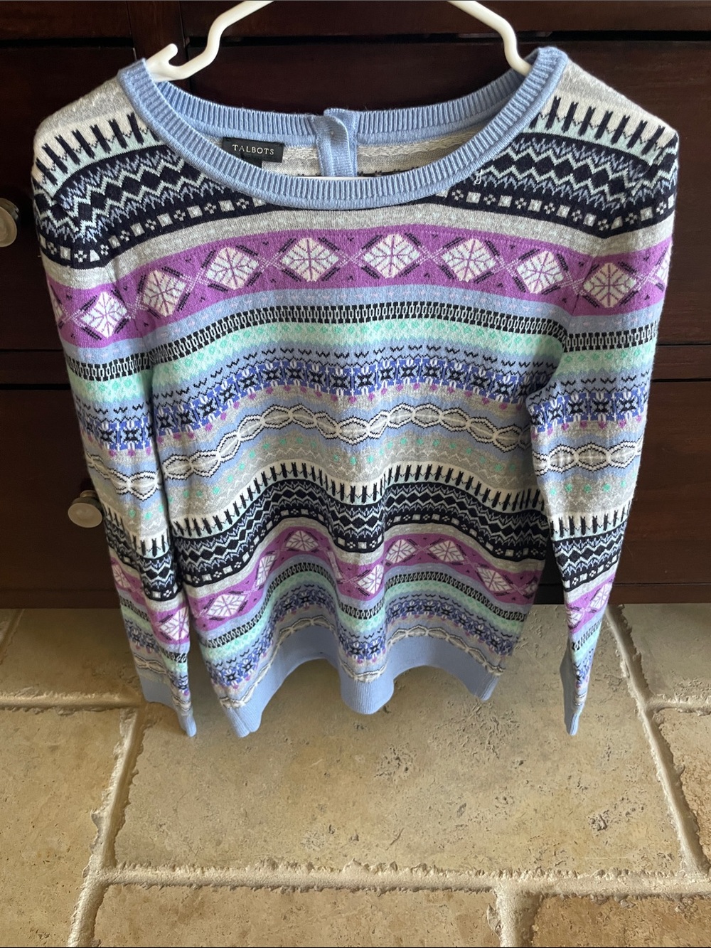 Talbots Pastel Fair Isle Crewneck Sweater - Light Blue, Purple, Mint